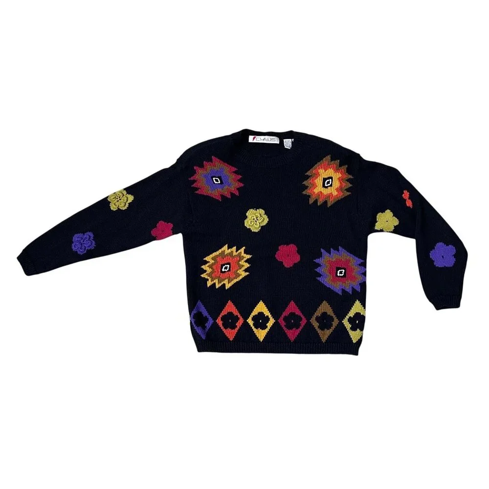 Vintage Black Sweater Colorful 80s Geometric Floral Sz Small Chaus Shoulder Pads - Picture 2 of 6